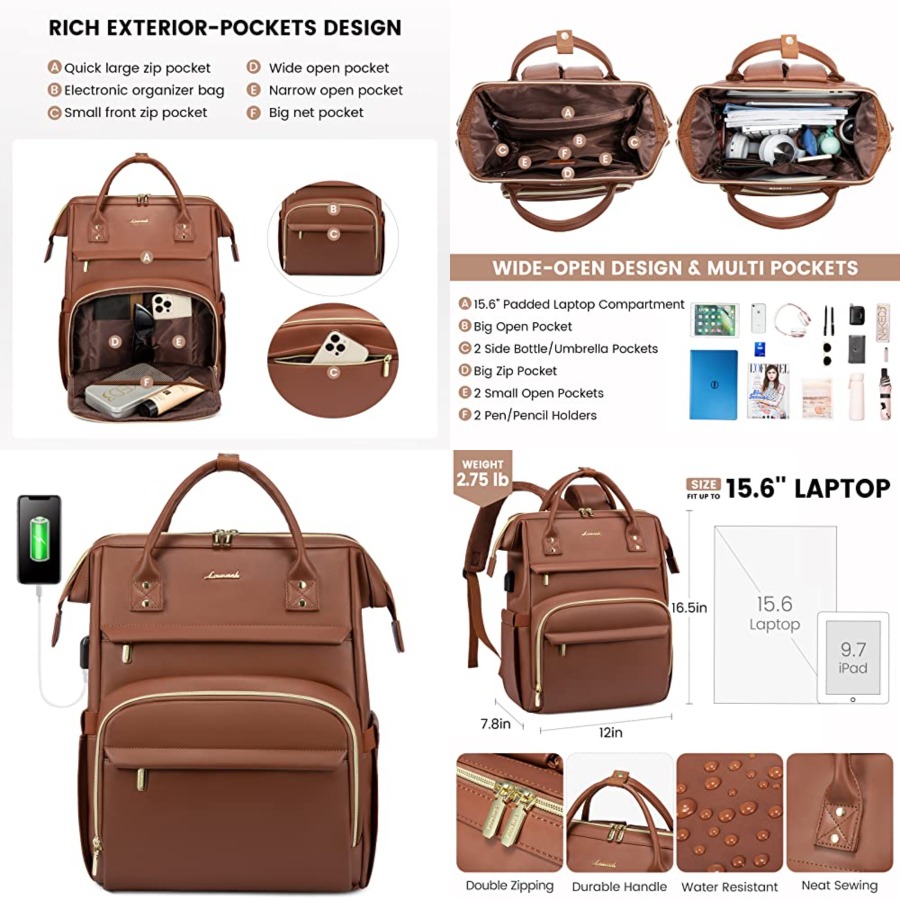 Leather Work Bag - Leather Laptop Backpack for Women, Travel