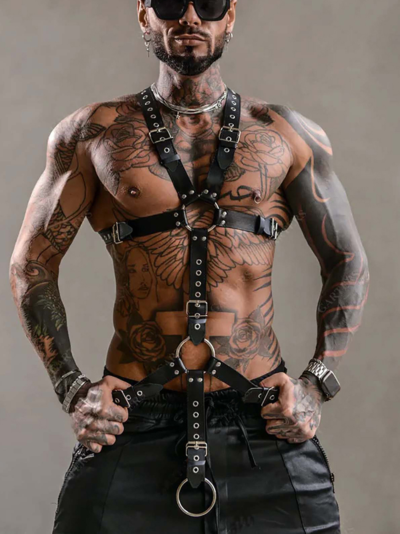 Leather Work Harness - Men's Y-shaped black PU suspender dress,