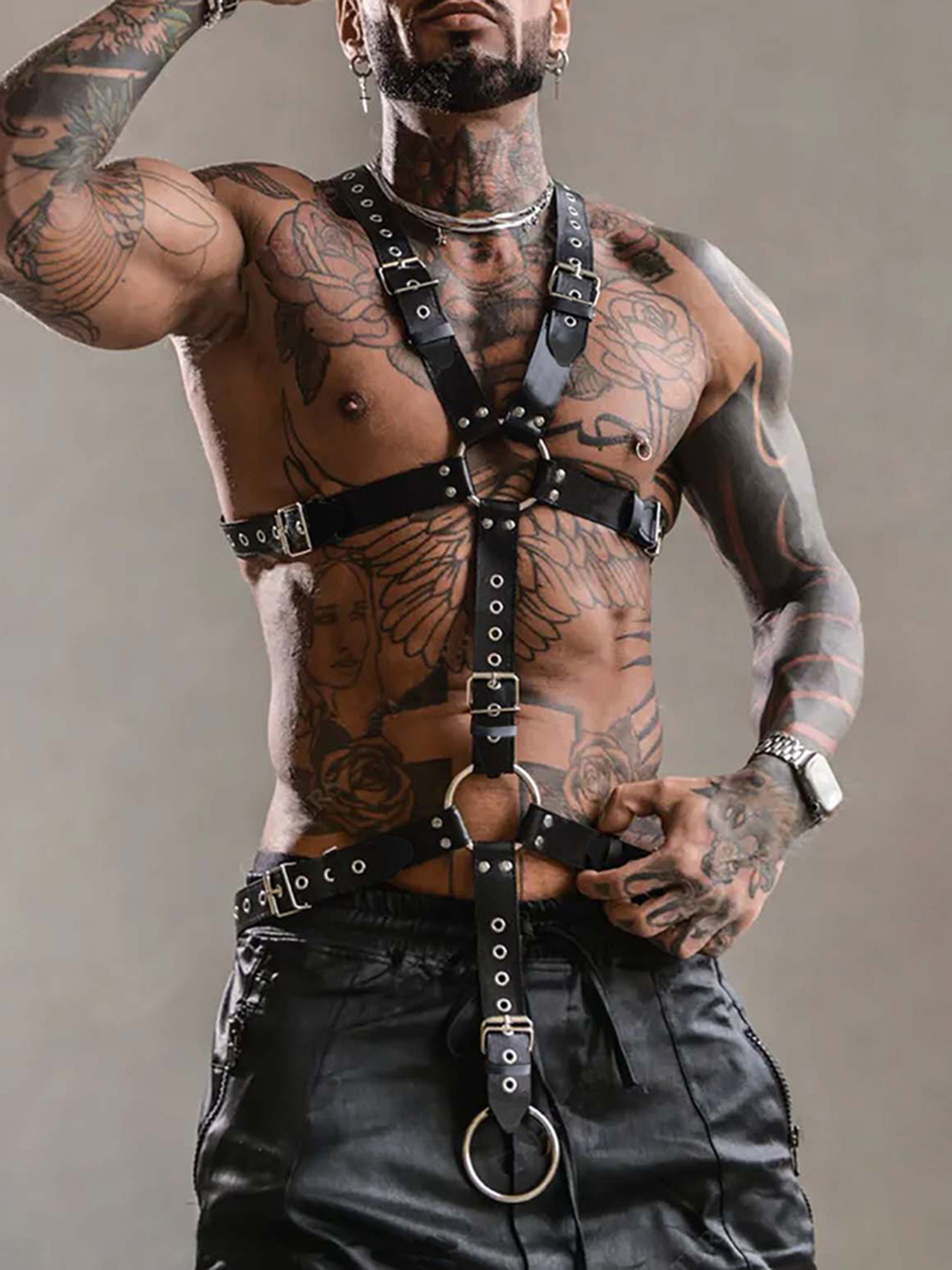 Men's Y-shaped black PU suspen - Leather Work Harness avis et prix